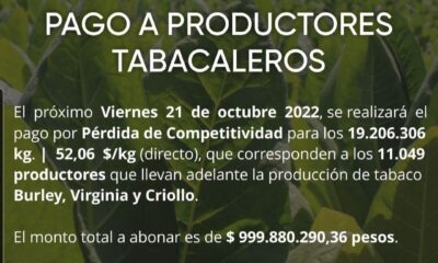 Anuncian que el viernes efectuarán el pago por Pérdida de Competitividad a productores tabacaleros