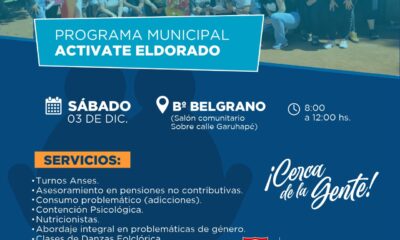 El Programa Municipal "Activate Eldorado" estará este sábado en el barrio Belgrano