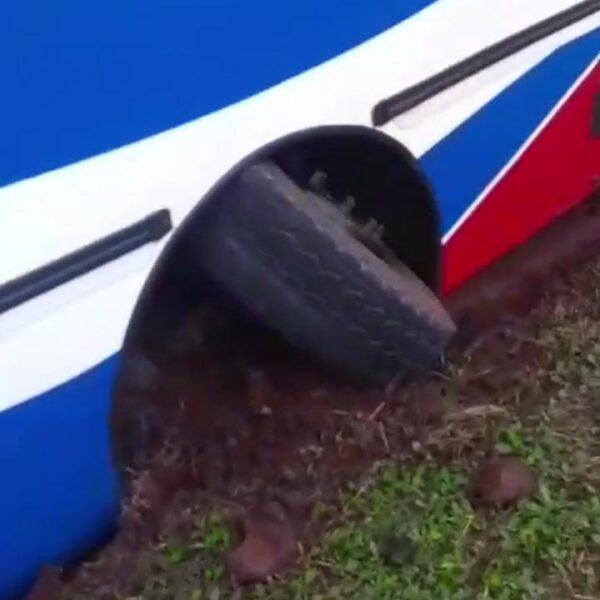 Un colectivo de la empresa Kenia perdió una rueda, derrapó varios metros y terminó casi dentro del monte