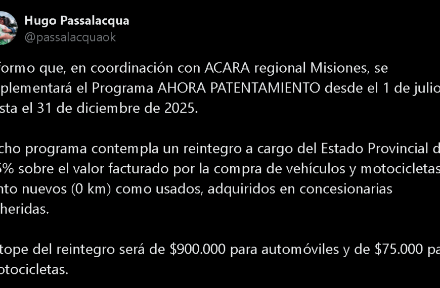 Passalacqua anunció el Programa Ahora Patentamiento con reintegros para la compra de vehículos