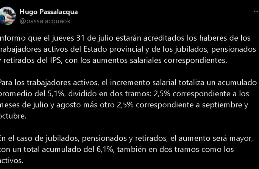 Passalacqua anunció aumento salarial para activos y pasivos provinciales