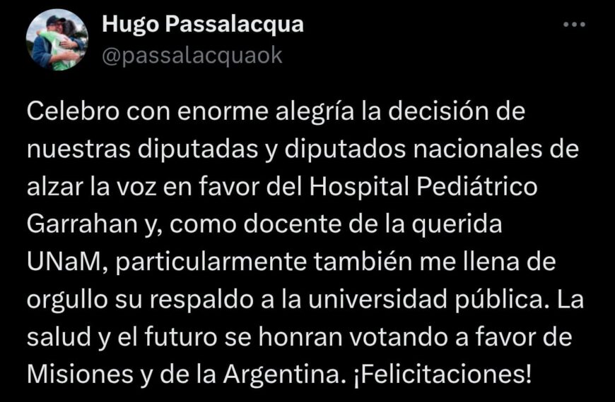 “La salud y el futuro se honran votando a favor de Misiones y de la Argentina”, sostuvo Passalacqua tras el rechazo de diputados a los vetos de financiamiento universitario y del Hospital Garrahan