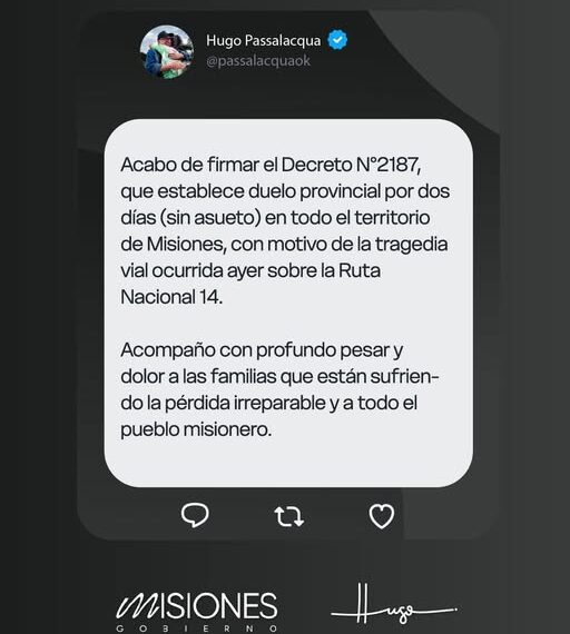 El gobierno de Misiones decretó dos días de duelo provincial por el trágico accidente en Campo Viera